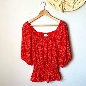 Red floral scrunched blouse